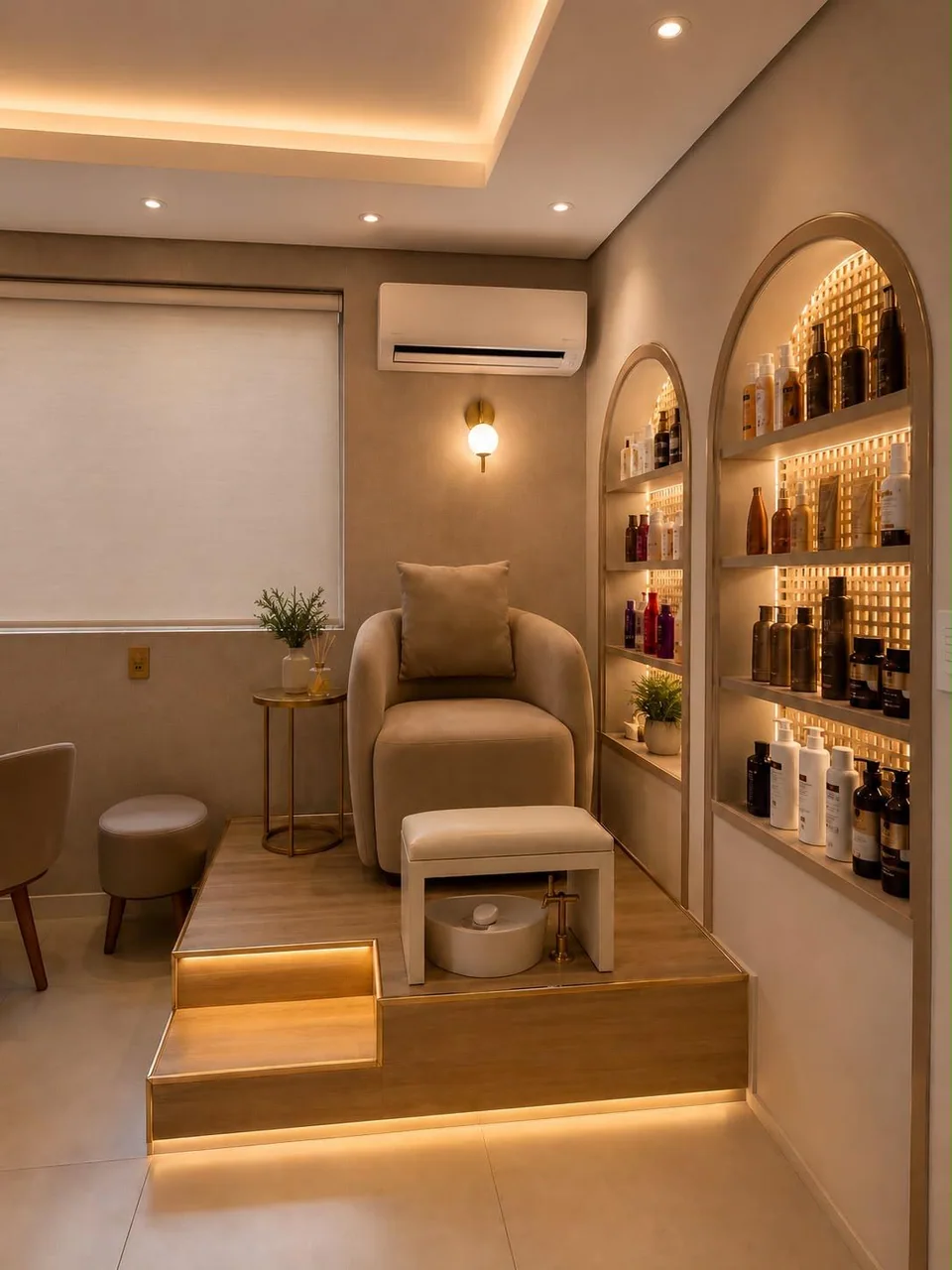 Poltrona de pedicure em plataforma iluminada, junto às prateleiras de produtos e à janela com cortina fechada.