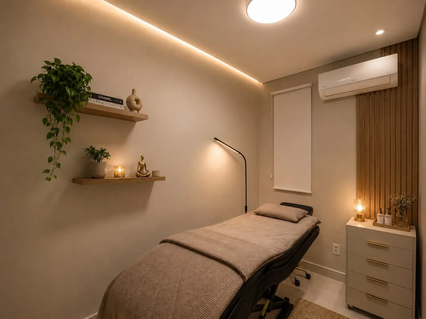Sala com maca coberta, luminária, plantas e painel de madeira.