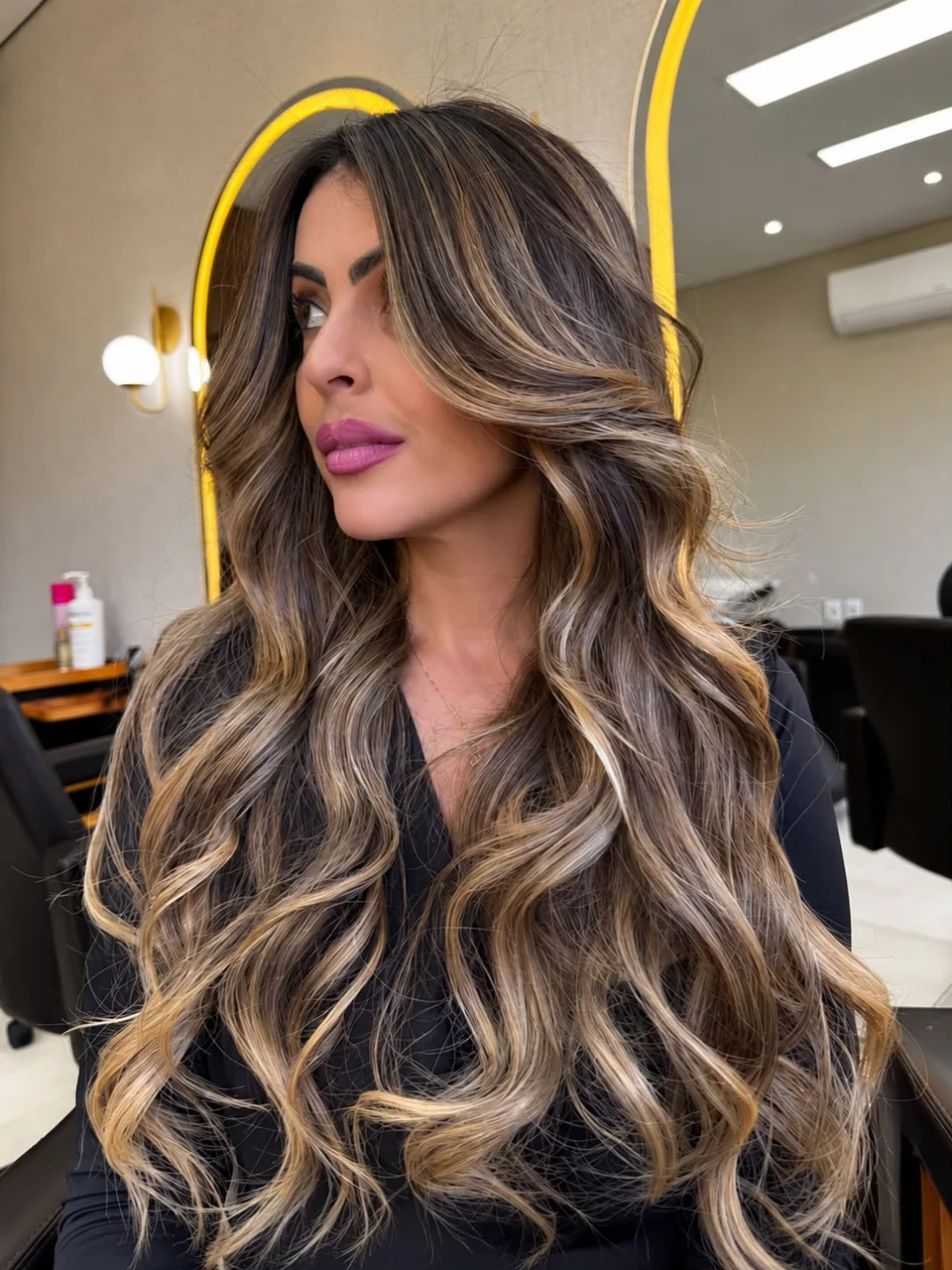 Cabelos longos com mechas e ondas, vistos de frente e de lado
