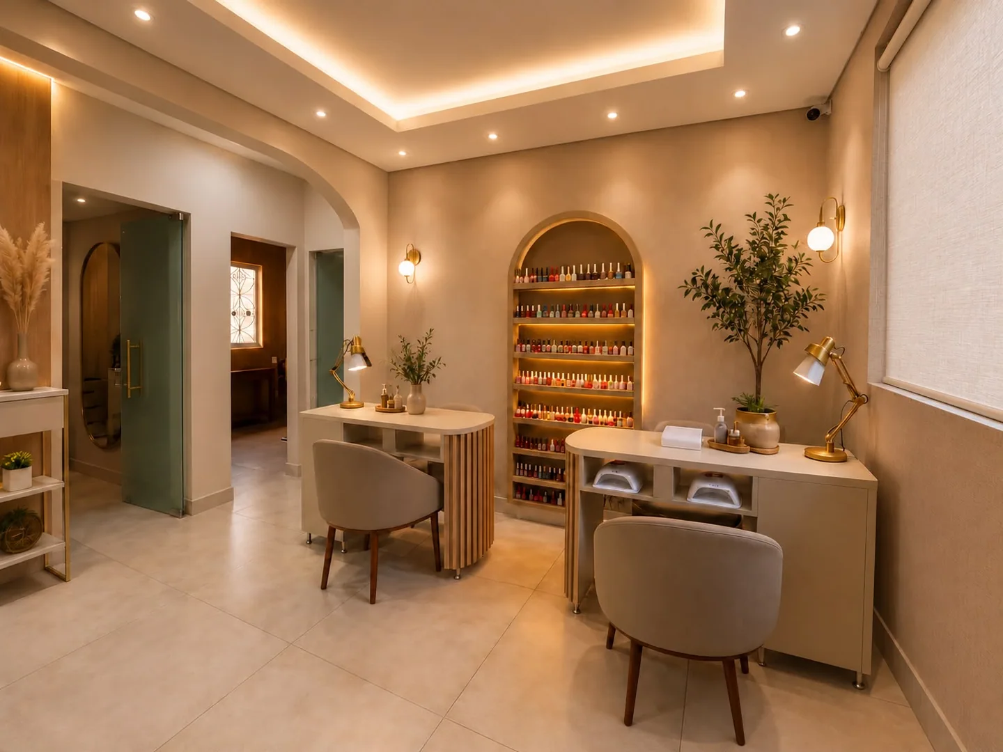 Espaço de manicure com mesas de atendimento, prateleira de esmaltes e cortina fechada